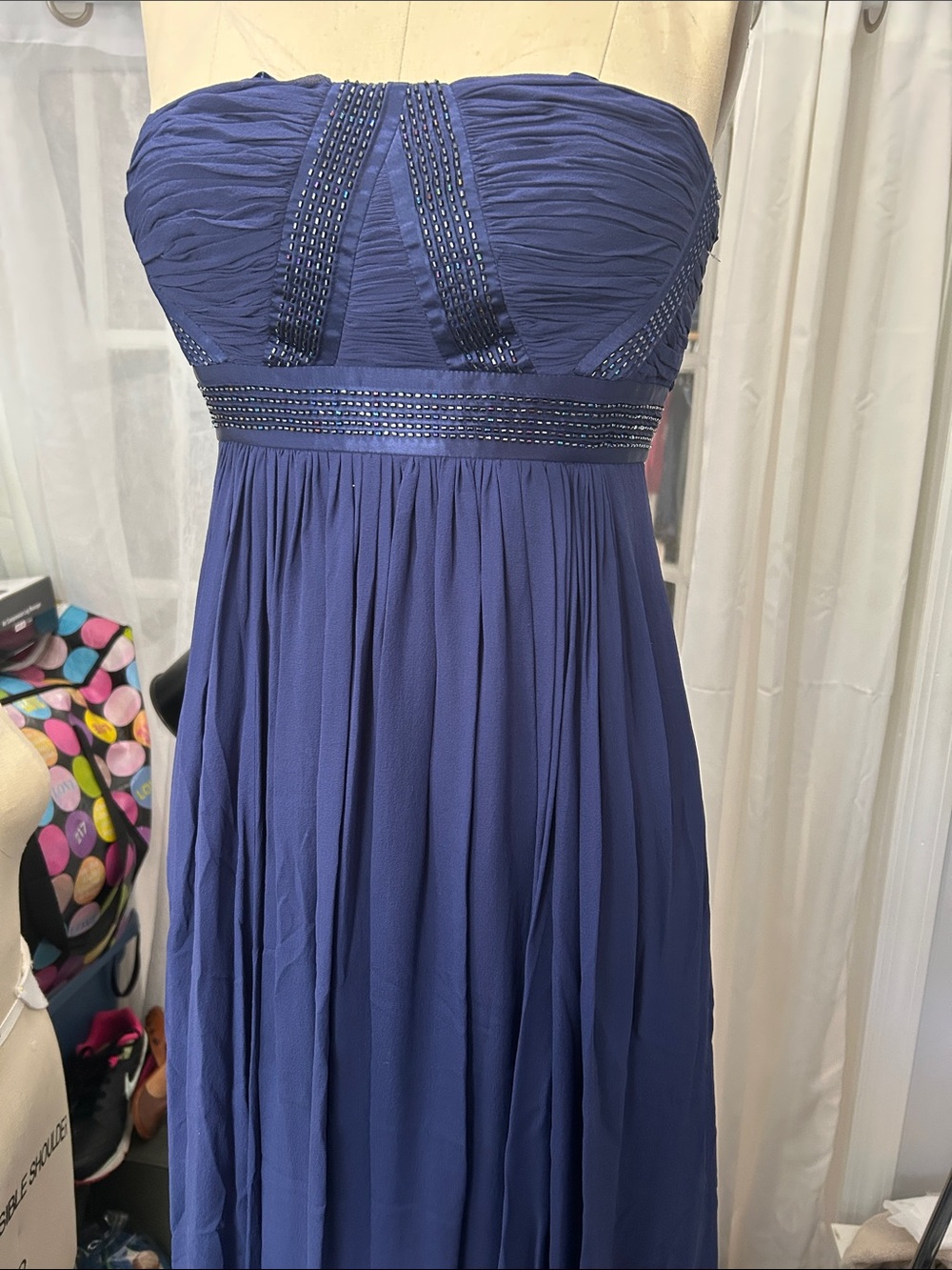 BCBGMaxAzria Strapless Royal Blue Chiffon Gown with Beaded Waist